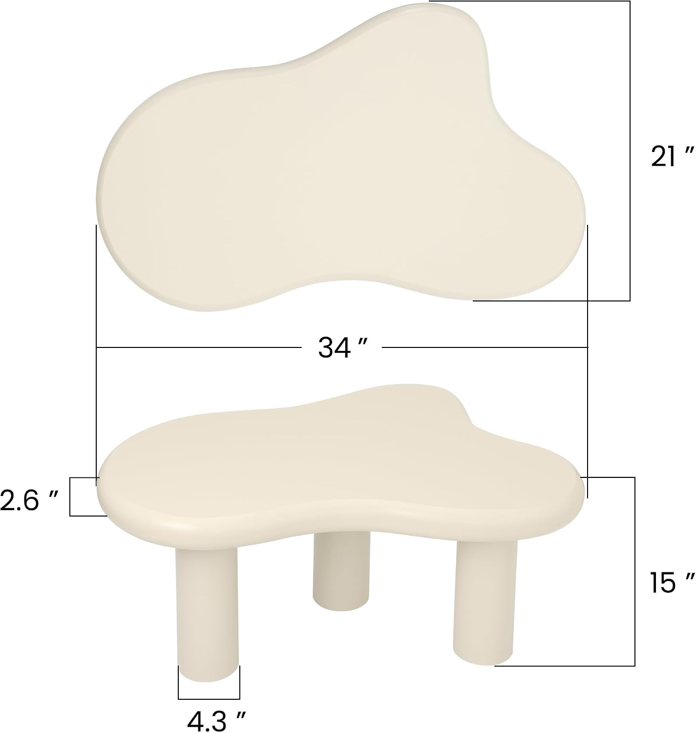 34'(L) Cloud Coffee Table, Modern Wood Coffee Table for Living Room, Accent Center Tables with 3 Legs, Small Tea Tables for Balcony, Patio, Bedroom, Cream White