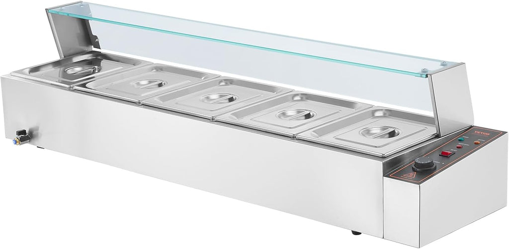 VEVOR 5-Pan Commercial Food Warmer, 5 x 12QT Electric Steam Table with Glass Cover, 1700W Countertop Stainless Steel Buffet Bain Marie 86-185°F Temp Control for Catering, Restaurants, Silver