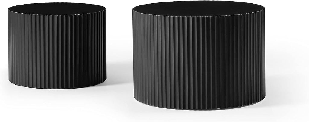 Nesting Coffee Tables Set of 2, 23.6' Round Coffee Tables for Living Room, Modern Fluted Tea Tables, Wooden Drum Accent Tables for Living Room, No Assembly Required - Black
