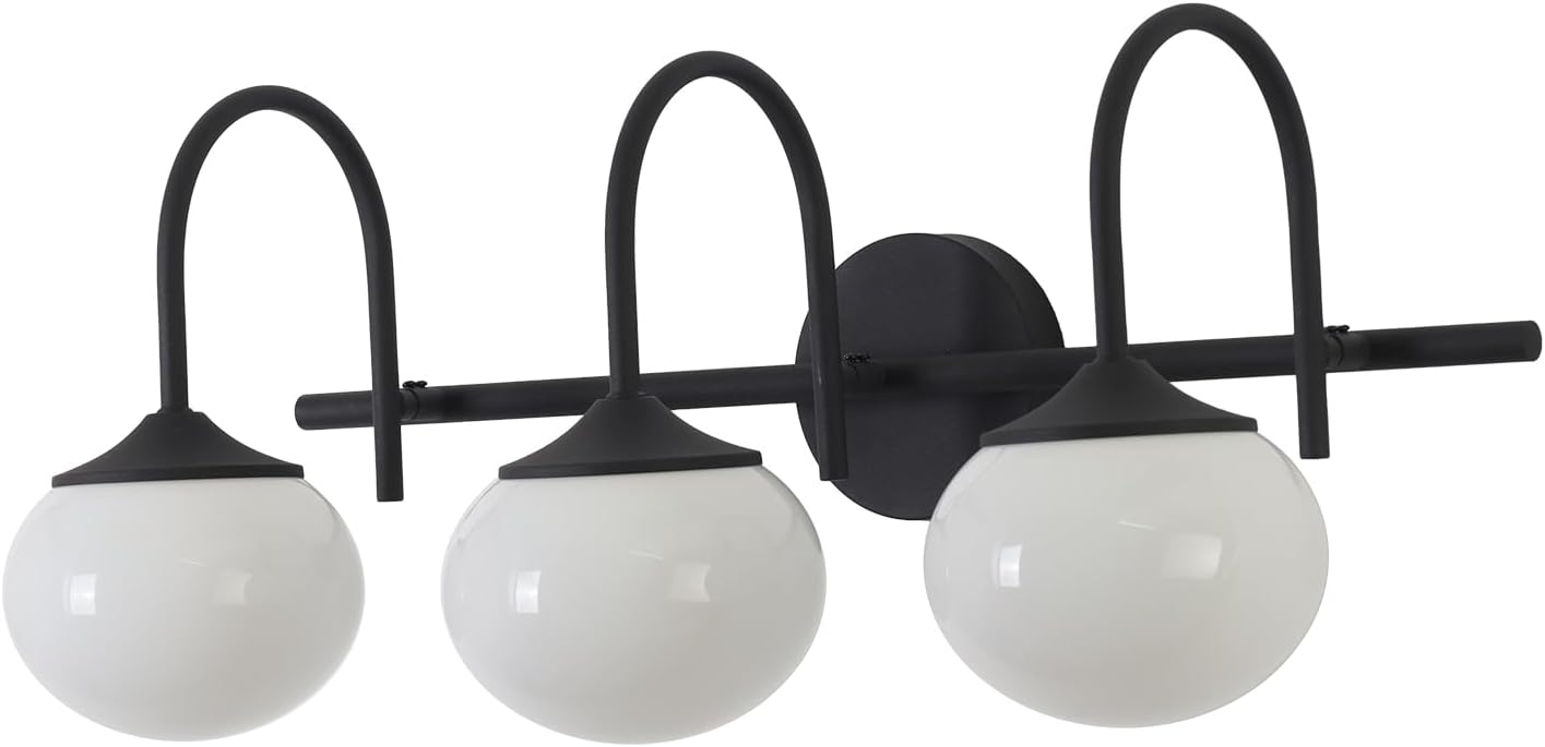 BOKT Farmhouse 3-Light Bathroom Vanity Light Black Vanity Light Over Mirror Industrial Bathroom Sconces Wall Lighting Milk White Glass Lampshade Rustic Wall Lamp for Bedroom Hallway