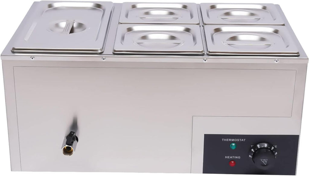 Commercial Bain Marie Food Warmer 5-Pan 600W Electric Countertop Food Warmer 20.2Qt(19L) Large Capacity Stainless Steel Steam Table for Restaurants, Snack Bars, Catering, Buffets