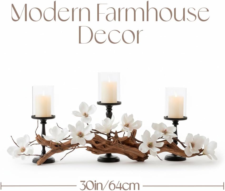 Magnolia Vine Driftwood Farmhouse Table Centerpiece - 3pc Candle Holder Set - Floral Table Decor for Dining Room, Living Room, Mantle & Weddings (Black)