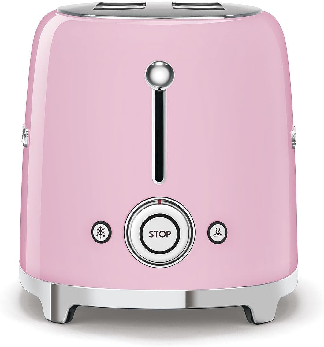 SMEG 4 Slice Toaster TSF02, Long Slot Toaster with Wide Slots for Bagels & Artisan Bread, Retro Stainless Steel, 6 Browning Levels, Defrost Reheat Bagel Functions, 1400W - (Pink)