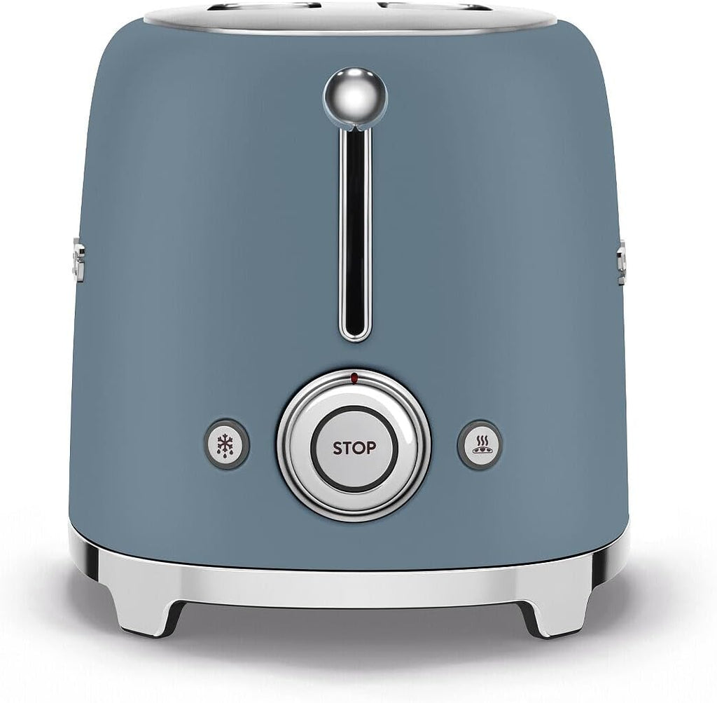 Smeg 50's Retro Style 2-Slice Toaster, 6 Browning Levels, Toast 1 Side, Reheat or Defrost, Removable Stainless Steel Crumb Tray, Matte Storm Blue, TSF01SBMUS