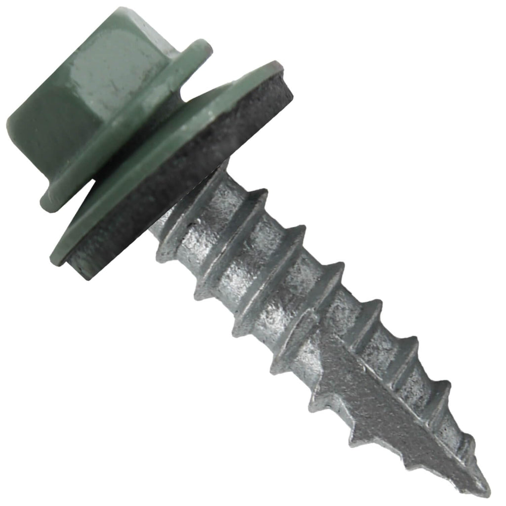 14 x 1 Hemlock Green Metal Roofing Screws - Hex Washer Head- Self-Starting/Tapping - EPDM Washer. 4 X 250 Bags - 1,000 Screws