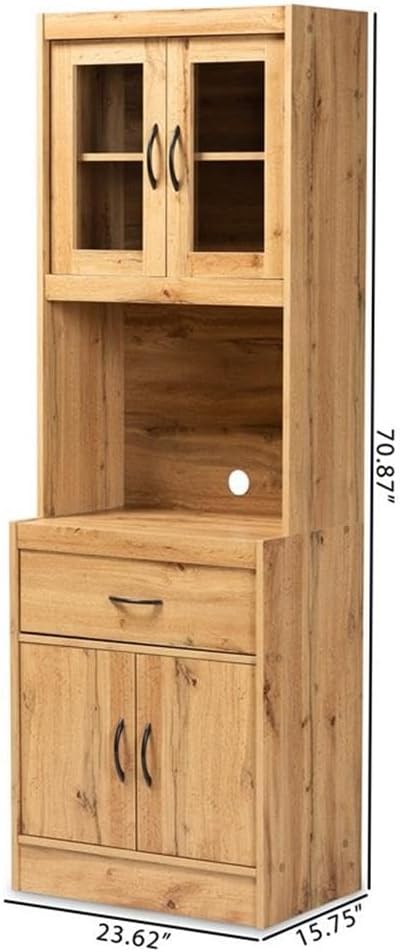 BOWERY HILL Wood Kitchen Cabinet and Hutch, 70.87' H x 23.62' W x 15.75' D, Oak Brown Finish, 4 Shelves, Drawer, Cord Management, Anti-Topple Kit, Modern Style Storage for Kitchen Appliances