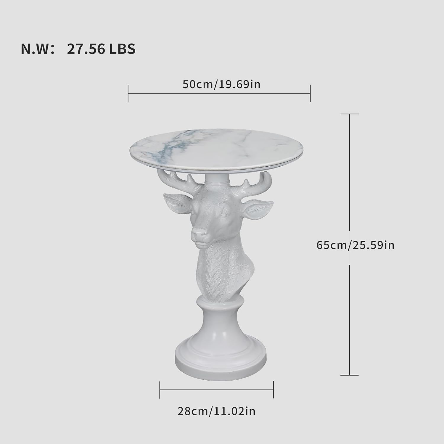 Modern Accent TableLiving Room White Deer Statue Contemporary‌ Faux Marble Night Stand Side Table with White Deer Base Reception Area & Bedroom（Width 19.69' ——Tall 25.59'）