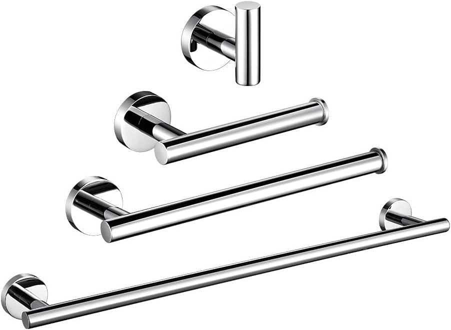 Stainless Steel Chrome Beautiful Wall Hook Toilet Paper Holder Towel Ring Bar Self-Adhesive Bathroom Accessories,4 Piece Set