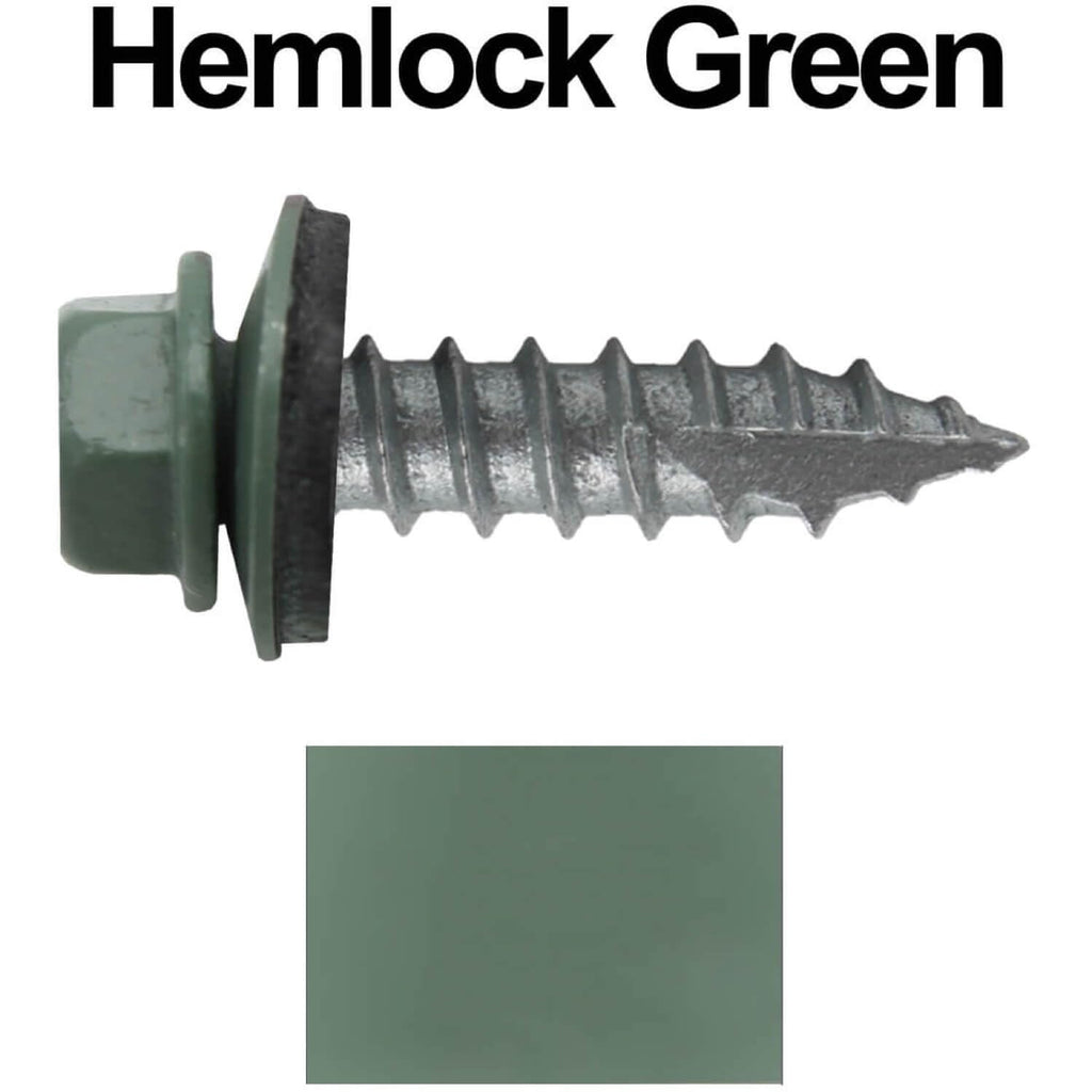 14 x 1 Hemlock Green Metal Roofing Screws - Hex Washer Head- Self-Starting/Tapping - EPDM Washer. 4 X 250 Bags - 1,000 Screws