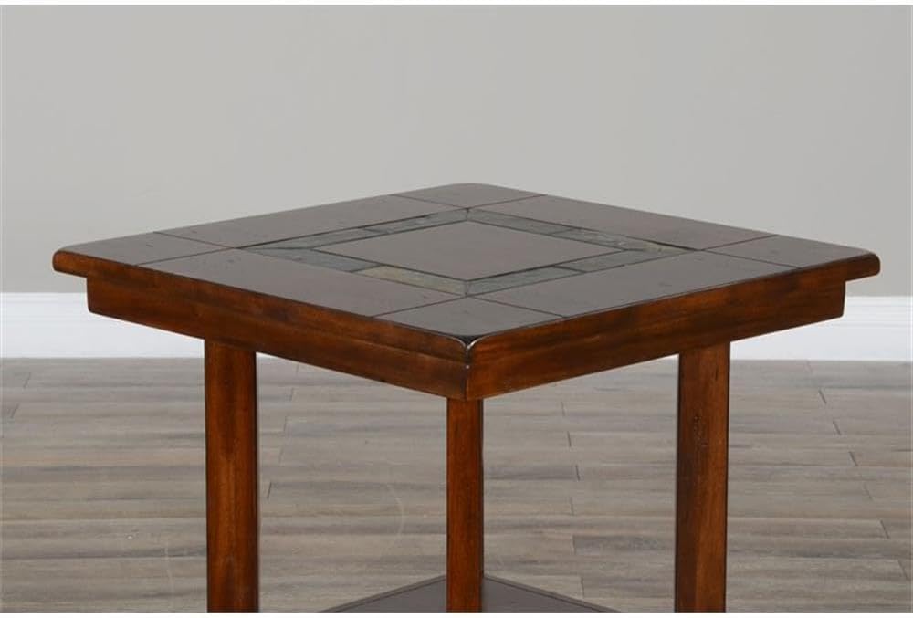 Pemberly Row Traditional Wood End Table, 25' Tall, Dark Chocolate Finish, Slate Inlay Top, Distressed Mahogany Solids and Veneers, 1 Shelf, Simple Assembly, Accent Table for Living Room or Bedroom Use