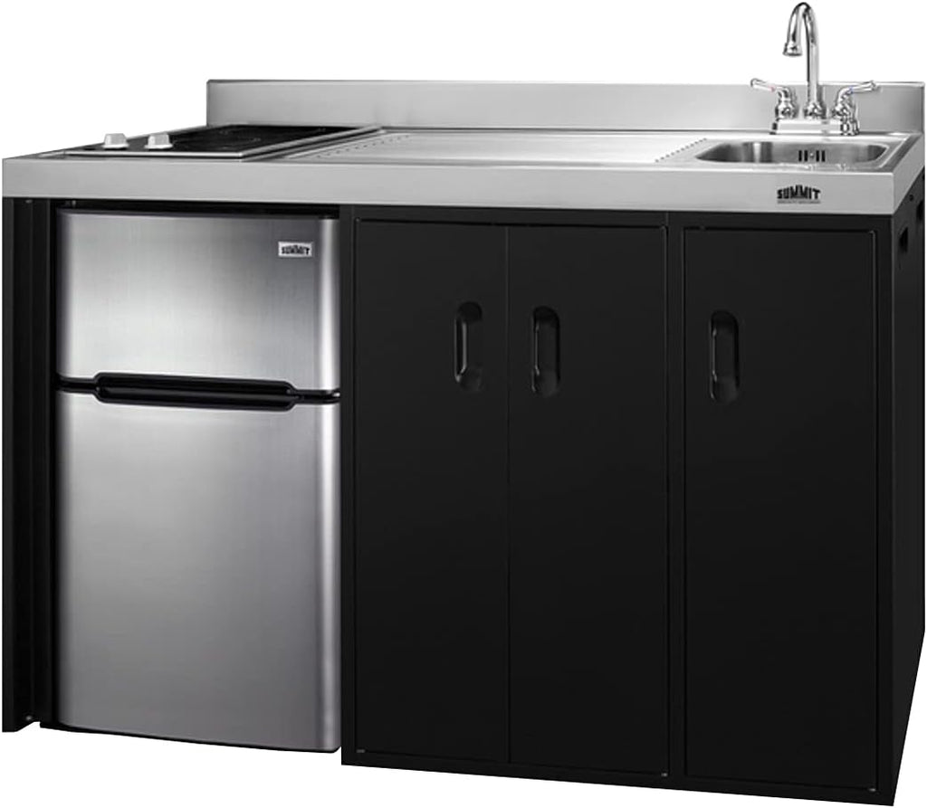 Summit Appliance CK54SINKR 54' Wide All-In-One Kitchenette, Stainless Steel Sink and Faucet, 2-door Refrigerator-freezer, 2-burner Smooth-top Cooktop, Indicator Lights, Storage Compartments