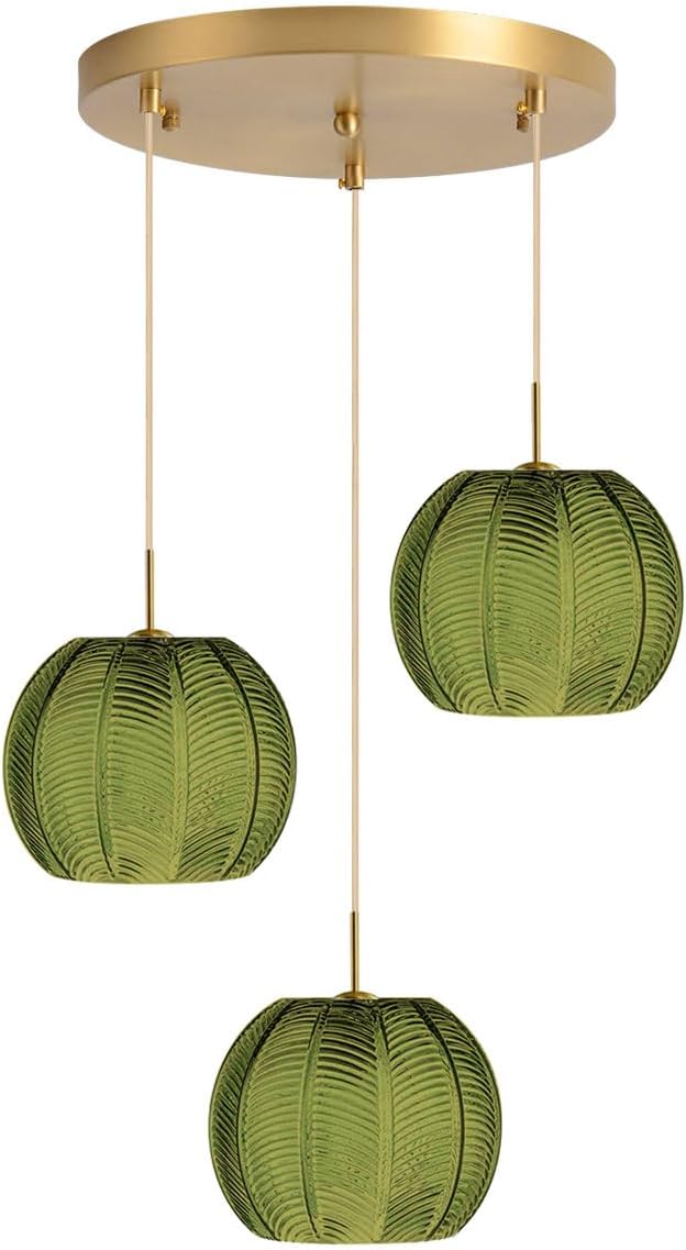 Dark Green Chandelier Cluster 3-Light Glass Globe Hanging Pendant Lights Fixtures Gold Sputnik Ceiling Pendant Lights with Ribbed Glass Ball Shade Mid Century Modern Chandelier