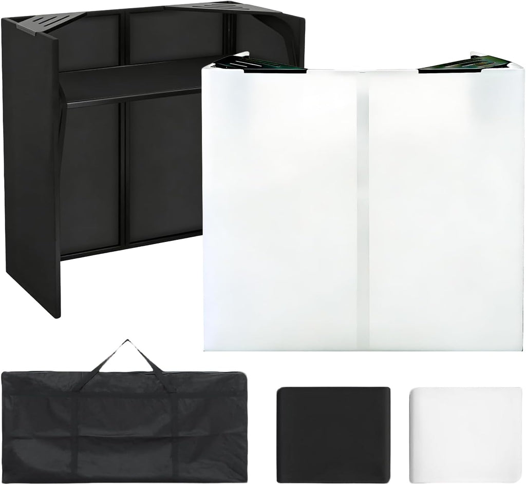 DJ Booth Portable 44 * 21 * 48in, DJ Facade Booth DJ Table Stand w/Black & White Scrim, Carrying Bag, Metal Foldable DJ Stand Table Station for Wedding, Show, Party