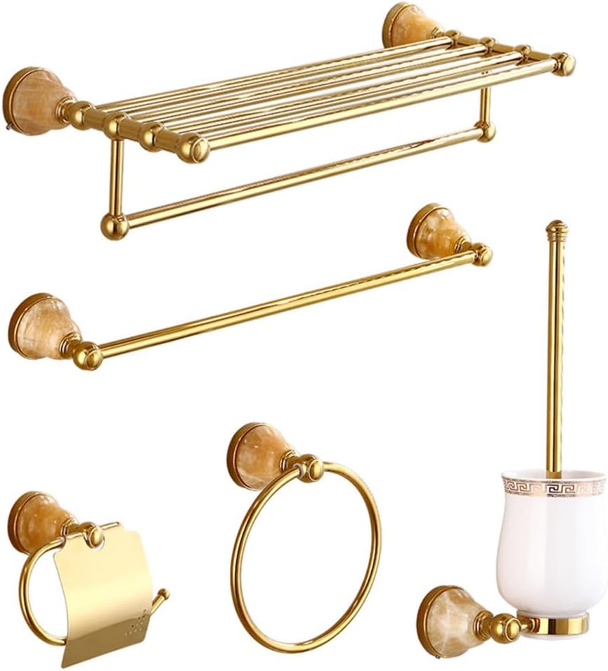 Bathroom Hardware Set,Towel Rack Set,Brass Bathroom Accessories Set,Gold Marble Decorate Bath Towel Rack Wall Mounted Elegant Hotel Metal Towel Rack,5 Piece Set c