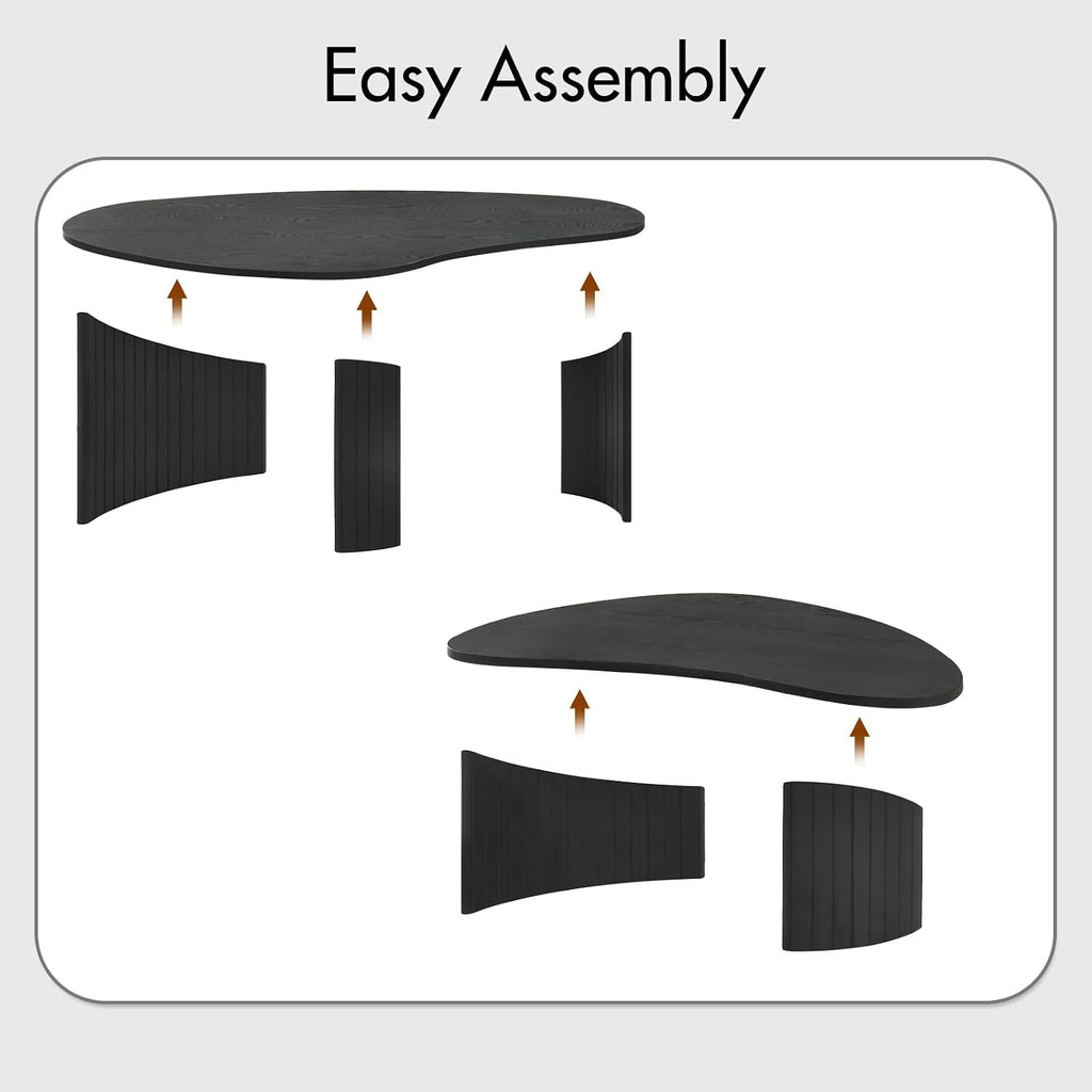 Hyfirm 2-Piece Irregular Mango Nesting Coffee Table Set, Black Solid Wood Coffee Tables with Fluted Legs, Modern Minimalist Accent Tables for Living Room, Bedroom & Small Apartments