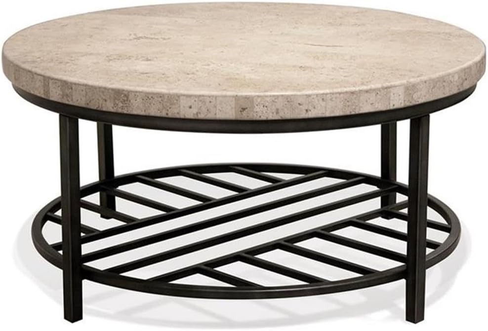 BOWERY HILL Contemporary Round Stone Top Coffee Table in Alabaster Travertine for Living Room, 36' D x 36' W x 18' H