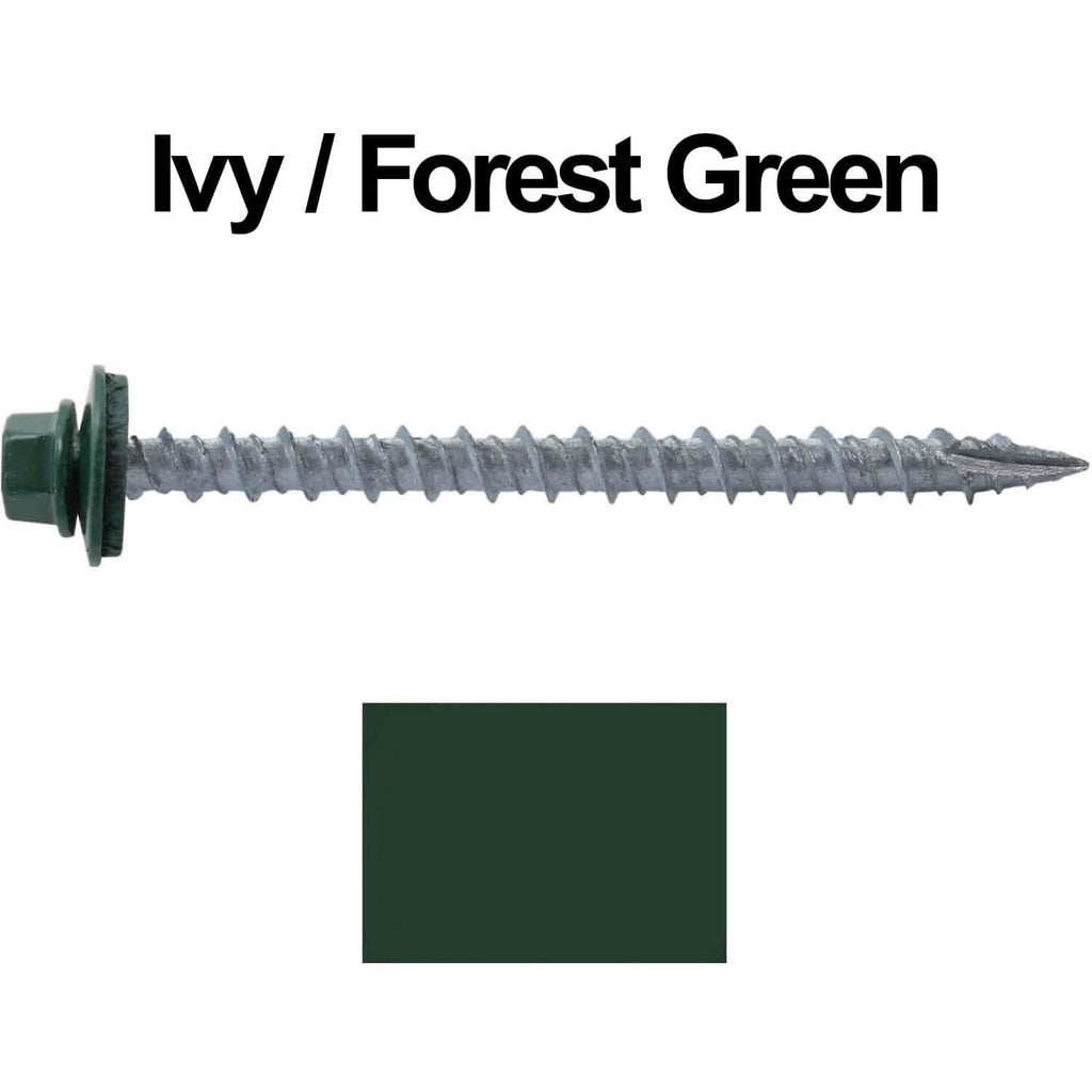 10 x 2-1/2' Ivy Green Metal Roofing Screws - Hex Washer Head- Self-Starting/Tapping - EPDM Washer. 4 X 250 Bags - 1,000 Screws
