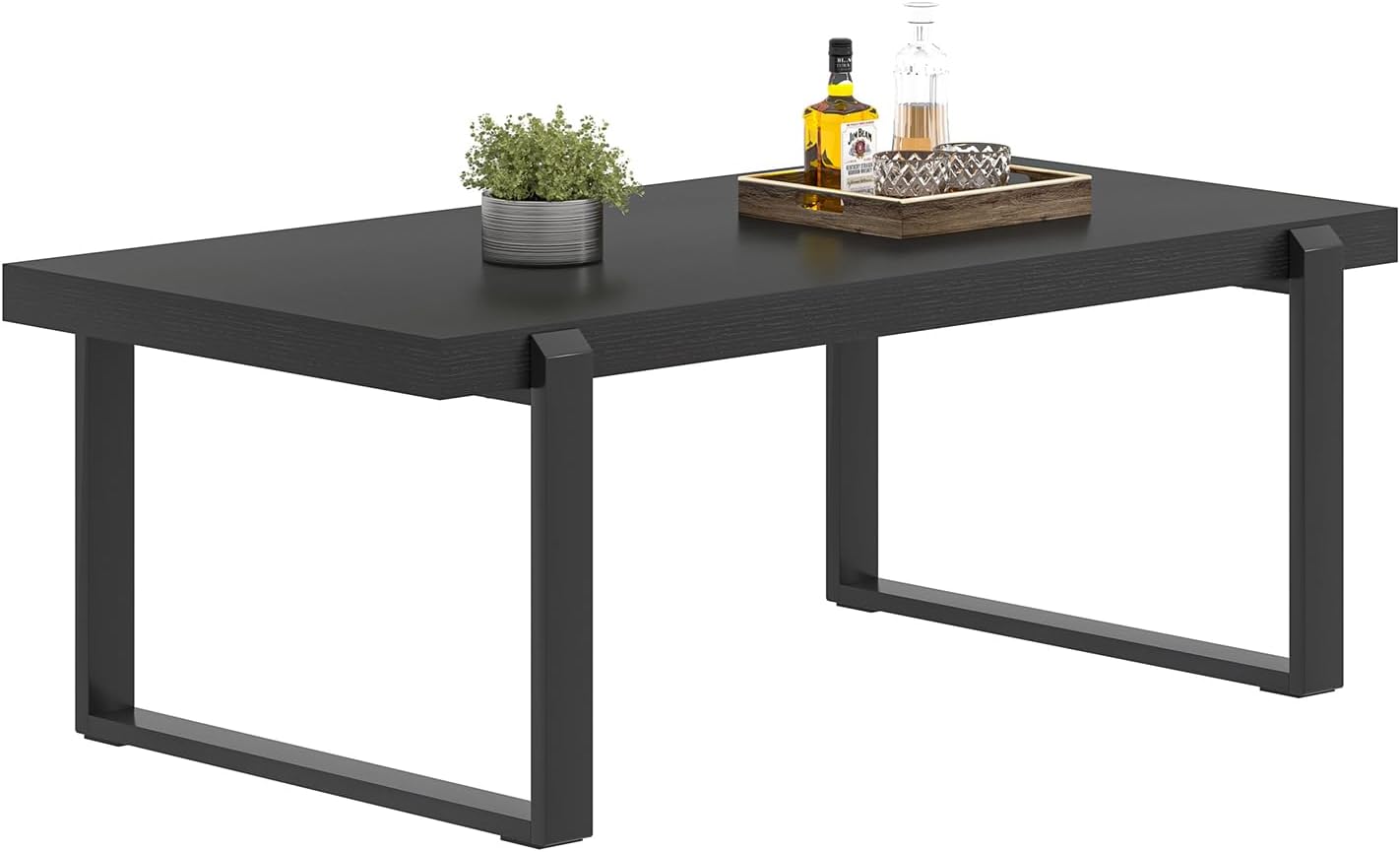 FOLUBAN Black Coffee Table, Modern Industrial Wood and Metal Center Table, Rectangle Cocktail Tea Table for Living Room, 47 Inch