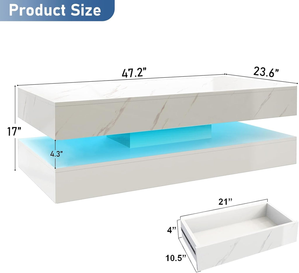 HOMFAMILIA LED Coffee Table with 2 Storage Drawers, Modern High Gloss White Coffee Table w/20 Colors LED Lights, 2 Tiers Rectangle Center Table for Living Room with Marbling Print, APP Control, White