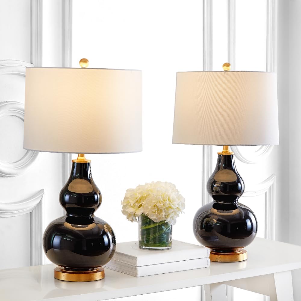 SAFAVIEH Lighting Collection – Karlen Set of 2 Black & Gold Leaf Double Gourd Glass Table Lamps, Modern Contemporary Design, LED Bulbs Included (TBL4223B-SET2)