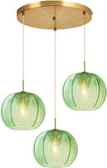 Mid Century Modern Chandelier Glass Globe 3-Light 8.6″ Emerald Green Ribbed Glass Shade Large Ball Chandeliers Sputnik Chandelier Vintage Hanging Ceiling Light Fixture Kitchen Island