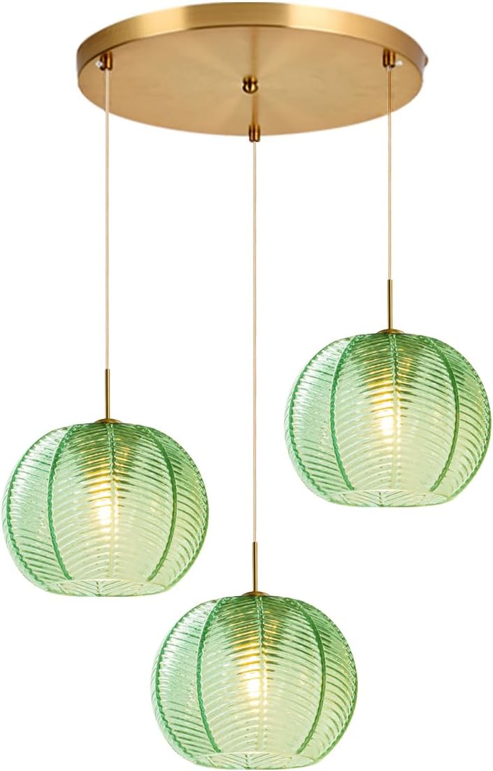 Mid Century Modern Chandelier Glass Globe 3-Light 8.6″ Emerald Green Ribbed Glass Shade Large Ball Chandeliers Sputnik Chandelier Vintage Hanging Ceiling Light Fixture Kitchen Island
