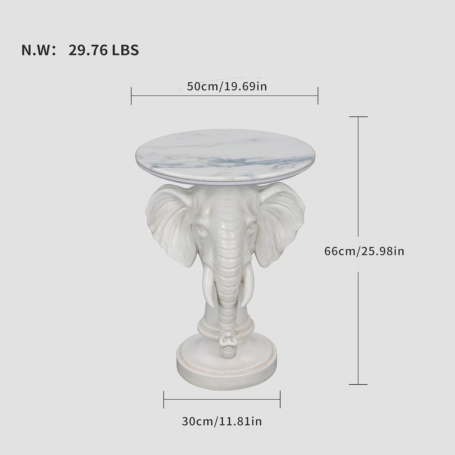 Modern Accent Table with Elephant Ornament Base, Minimalist Faux Marble End Table for Living Room Reception Area & Bedroom, 19.69 Inches Wide × 25.98 Inches High