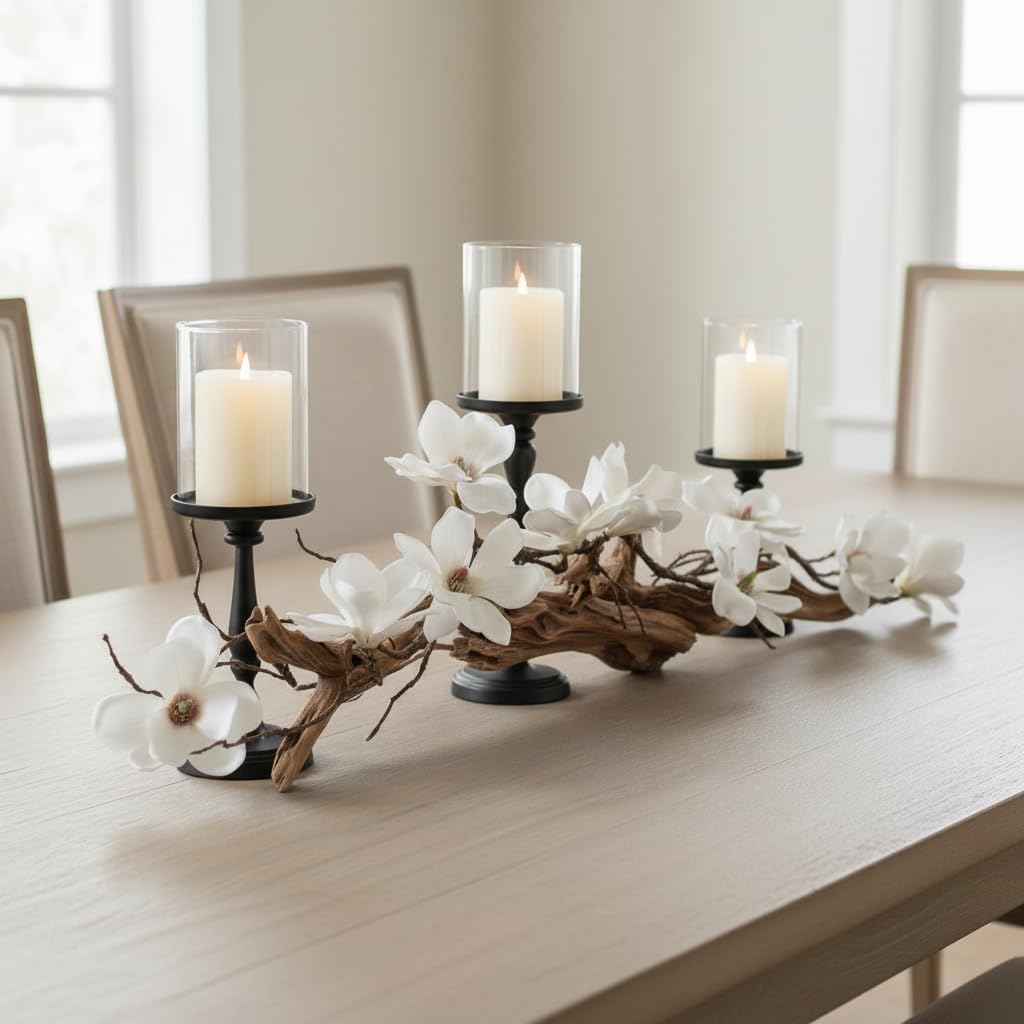 Magnolia Vine Driftwood Farmhouse Table Centerpiece - 3pc Candle Holder Set - Floral Table Decor for Dining Room, Living Room, Mantle & Weddings (Black)