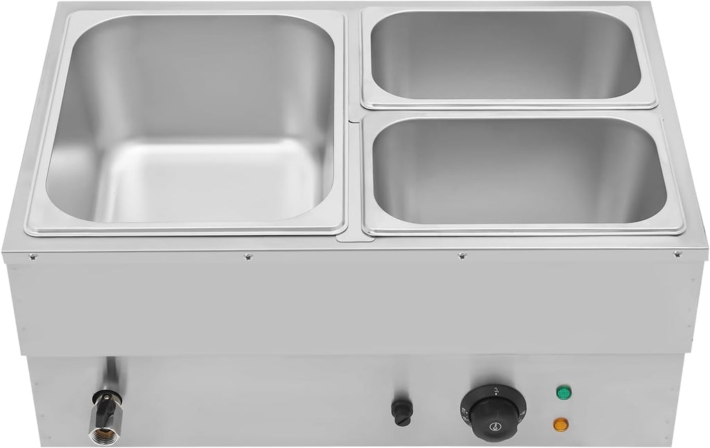 3-Pan Commercial Steam Table, Electric Bain Marie Food Warmer 600W Stainless Steel Countertop Buffet Food Warmer Container 21.6Qt with Lid and Tap for Catering, Restaurant, Buffets