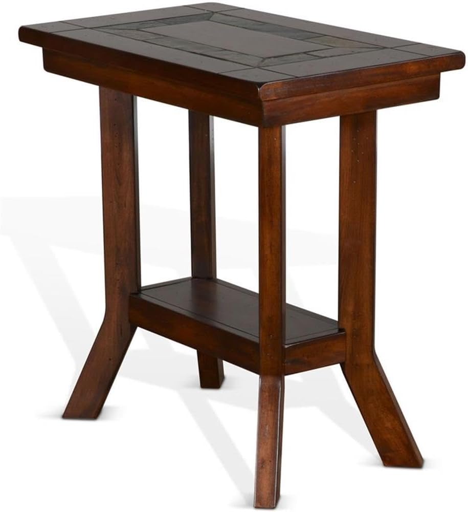 Pemberly Row Chair Side Table, 25 in Height, Distressed Mahogany Wood, Dark Chocolate Finish, Slate Inlay, 1 Shelf, Traditional End Table for Living Room or Bedroom