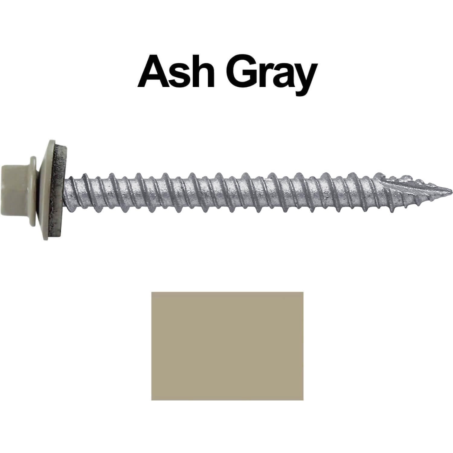 Metal Roofing Screws: (1500) 10 x 2 Ash Gray Hex Head Sheet Metal Roof Screw. Self Starting Metal to Wood siding Screws. EPDM Washer. Colored Head