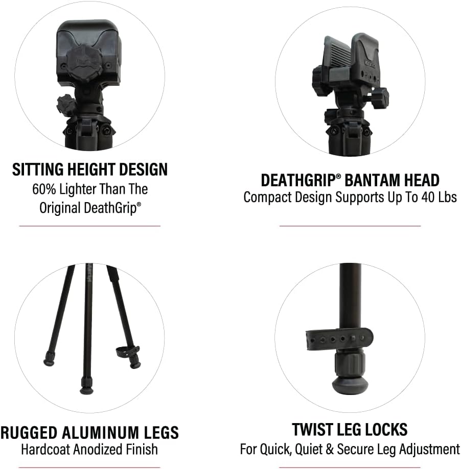 BOG DeathGrip Aluminum Tripod with Durable Frame, Lightweight, Stable Design, Bubble Level, Adjustable Legs, Shooting Rest, and Hands-Free Operation for Hunting, Shooting, and Outdoors