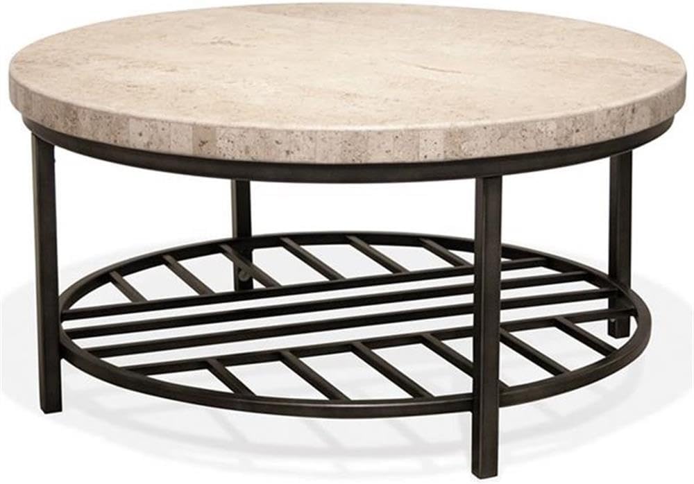 BOWERY HILL Contemporary Round Stone Top Coffee Table in Alabaster Travertine for Living Room, 36' D x 36' W x 18' H