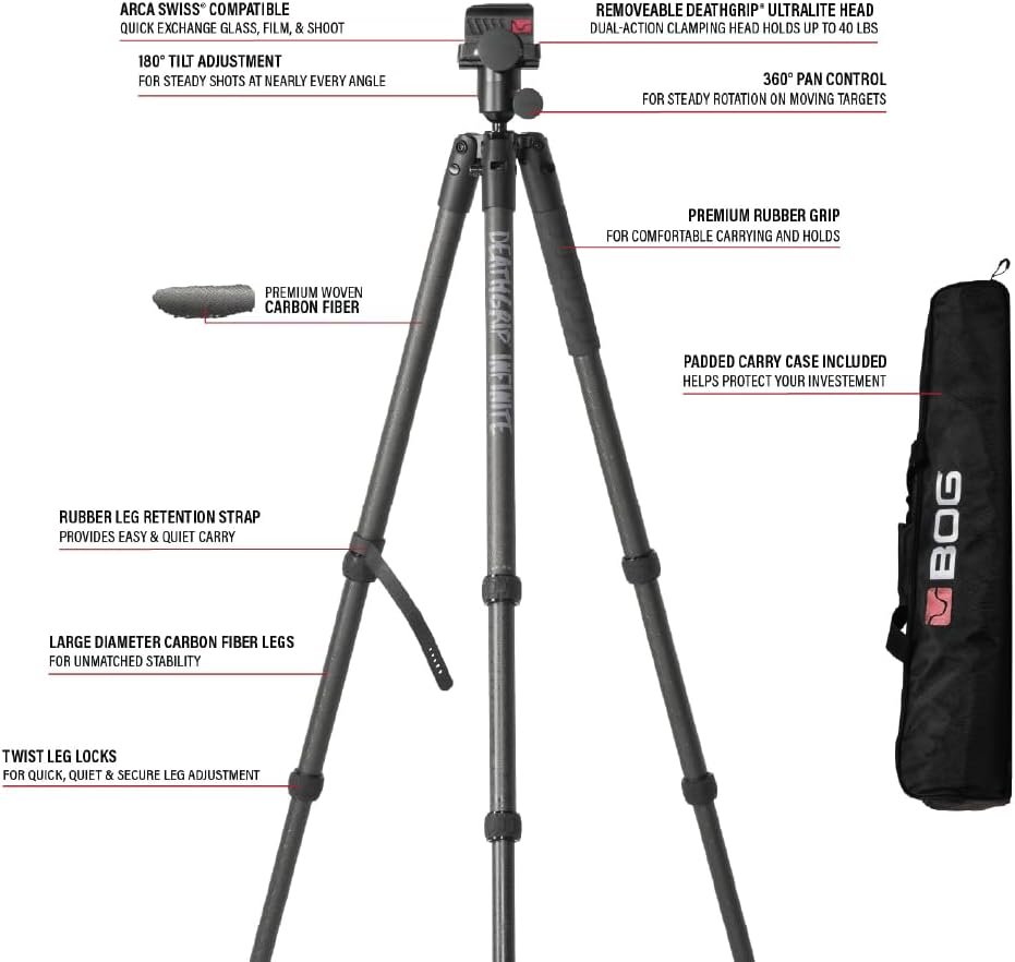 BOG DeathGrip Aluminum Tripod with Durable Frame, Lightweight, Stable Design, Bubble Level, Adjustable Legs, Shooting Rest, and Hands-Free Operation for Hunting, Shooting, and Outdoors