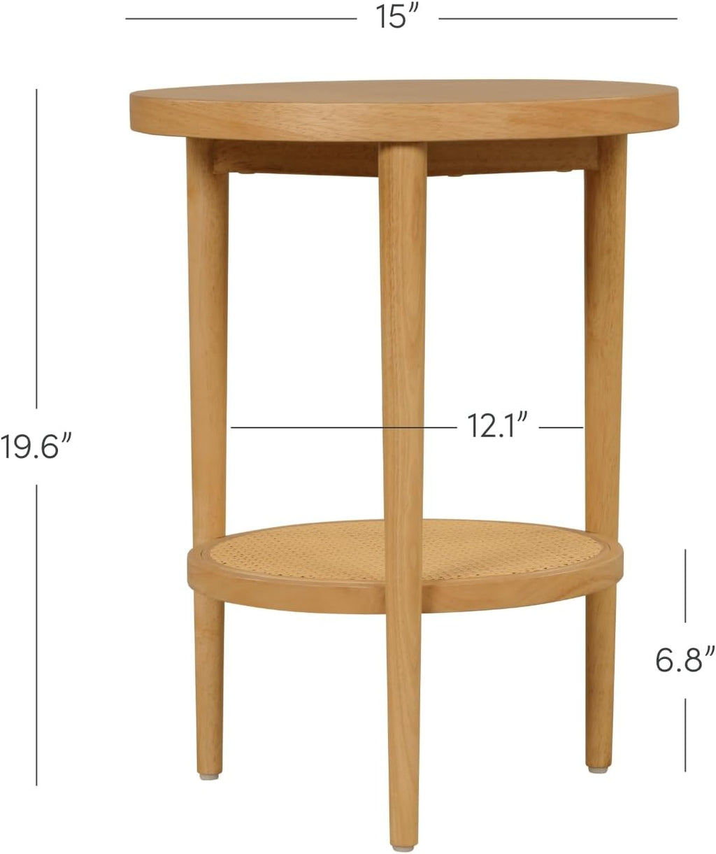 Nathan James Sonia Boho Round Accent End Table, Natural Sofa Side Table in Light Wood with Rattan Storage Shelf for Living Room, Bedroom or Nursery, Light Brown, Set of 2
