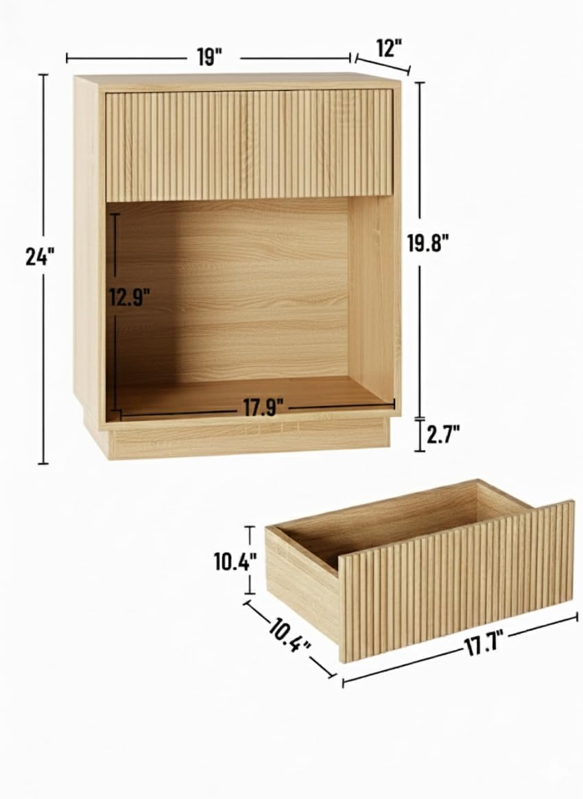Fluted Nightstands Set of 2, Modern Bedside Table with Drawer and Storage Shelf, Wood End Table Mid Century Night Stands for Bedroom Living Room Sofa Couch Office (Oak)