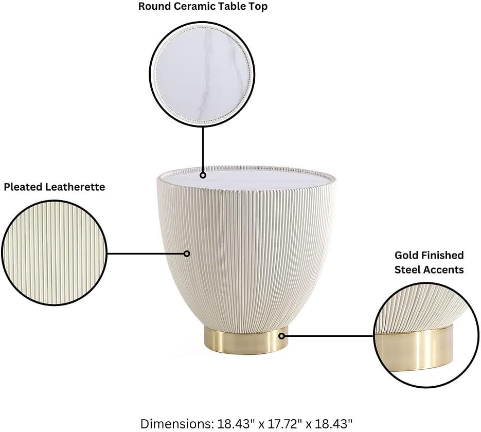 Manhattan Comfort Anderson Modern 18' Round End Table 2.0 | Ceramic Marble Tabletop, Elegant Pleated Leatherette Design & Gold Stainless Steel Base, Fully Assembled Accent Furniture, Set of 1, Cream