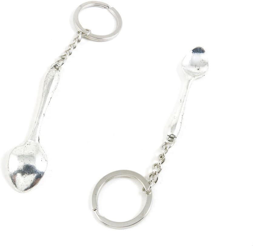 100 PCS Antique Silver Tone Keychain Keyring Door Car Key Chains Rings Tags D8YW9 Spoon Tablespoon
