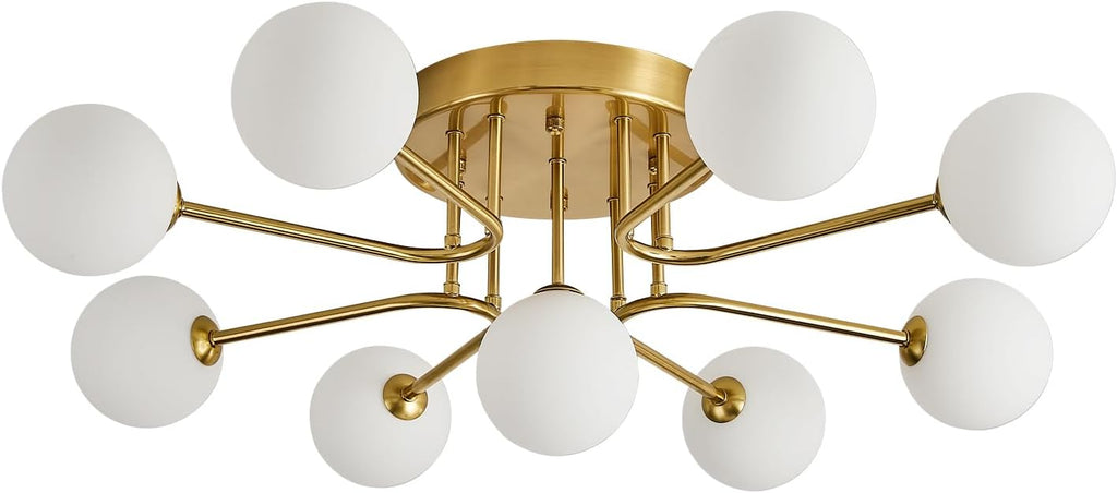 Semi Flush Mount Ceiling Light Fixture,Modern Gold Globe Sputnik Chandeliers 9-Light Mid Century Milk Glass Chandelier for Dining Room,Kitchen Island,Bedroom,Living Room,Entryway,Foyer,33 Inch