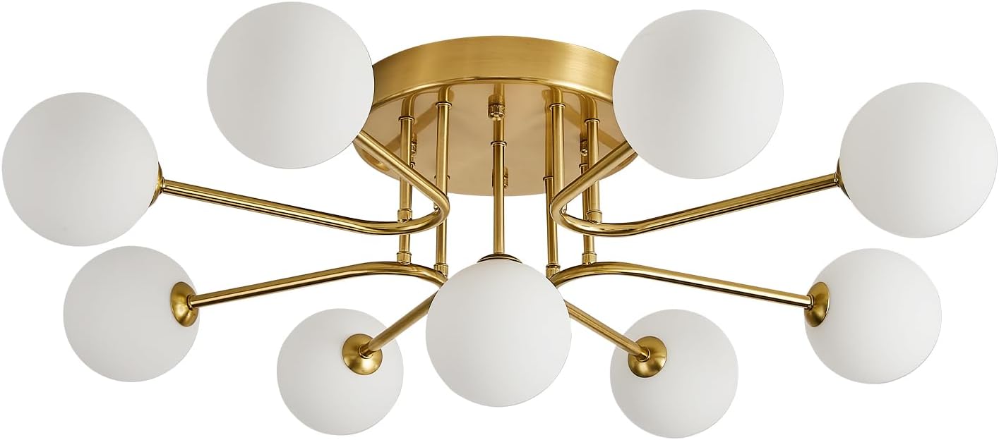 Semi Flush Mount Ceiling Light Fixture,Modern Gold Globe Sputnik Chandeliers 9-Light Mid Century Milk Glass Chandelier for Dining Room,Kitchen Island,Bedroom,Living Room,Entryway,Foyer,33 Inch