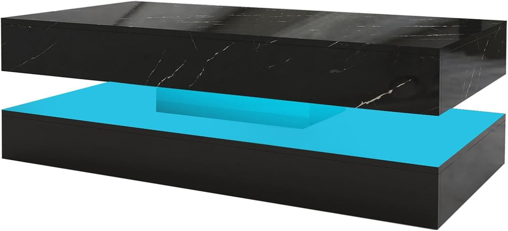 HOMFAMILIA LED Coffee Table with 2 Storage Drawers, Modern High Gloss Black Coffee Table w/20 Colors LED Lights, 2 Tiers Rectangle Center Table for Living Room with Marbling Print, APP Control, Black