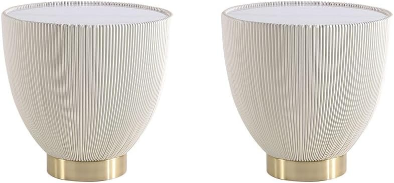 Manhattan Comfort Anderson Modern 18' Round End Table 2.0 | Ceramic Marble Tabletop, Elegant Pleated Leatherette Design & Gold Stainless Steel Base, Fully Assembled Accent Furniture, Set of 2, Cream