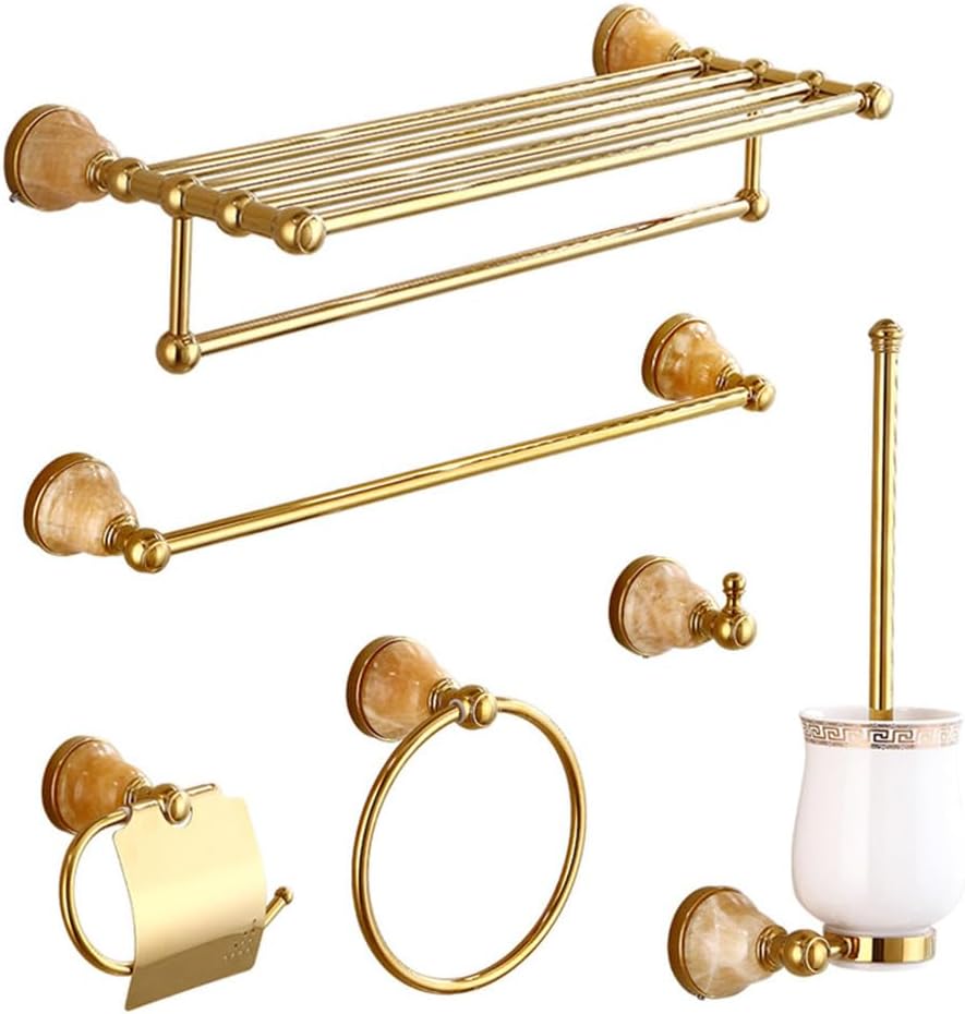 Bathroom Hardware Set,Towel Rack Set,Brass Bathroom Accessories Set,Gold Marble Decorate Bath Towel Rack Wall Mounted Elegant Hotel Metal Towel Rack,6 Piece Set a