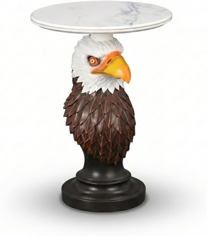 Bald Eagle Sculptural Side Table with Faux Marble Top, 17.72' Round Resin Animal End Table, Unique Eagle Statue Decor for Living Room, Office & Patio, Patriotic Housewarming Gift