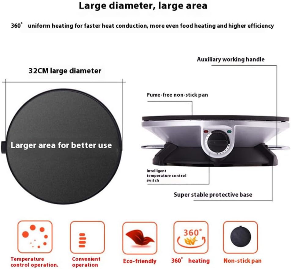 Electric Pancake Maker, Pancake Skillet with Non-Stick 32CM Pan Style Hot Plate, 3-Speed Adjustable Temperature Dial for Making Crepes Eggs Omelettes