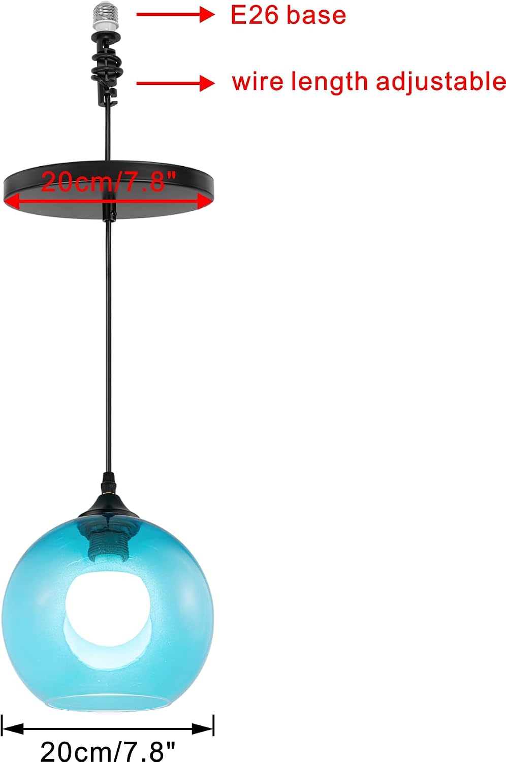 1 Light E26 Connections 3.2ft Adjusted Cord Blue Globe Glass Shade Modern Ceiling Light Replace Recessed Light Conversion Kit for Kitchen Bedroom Office