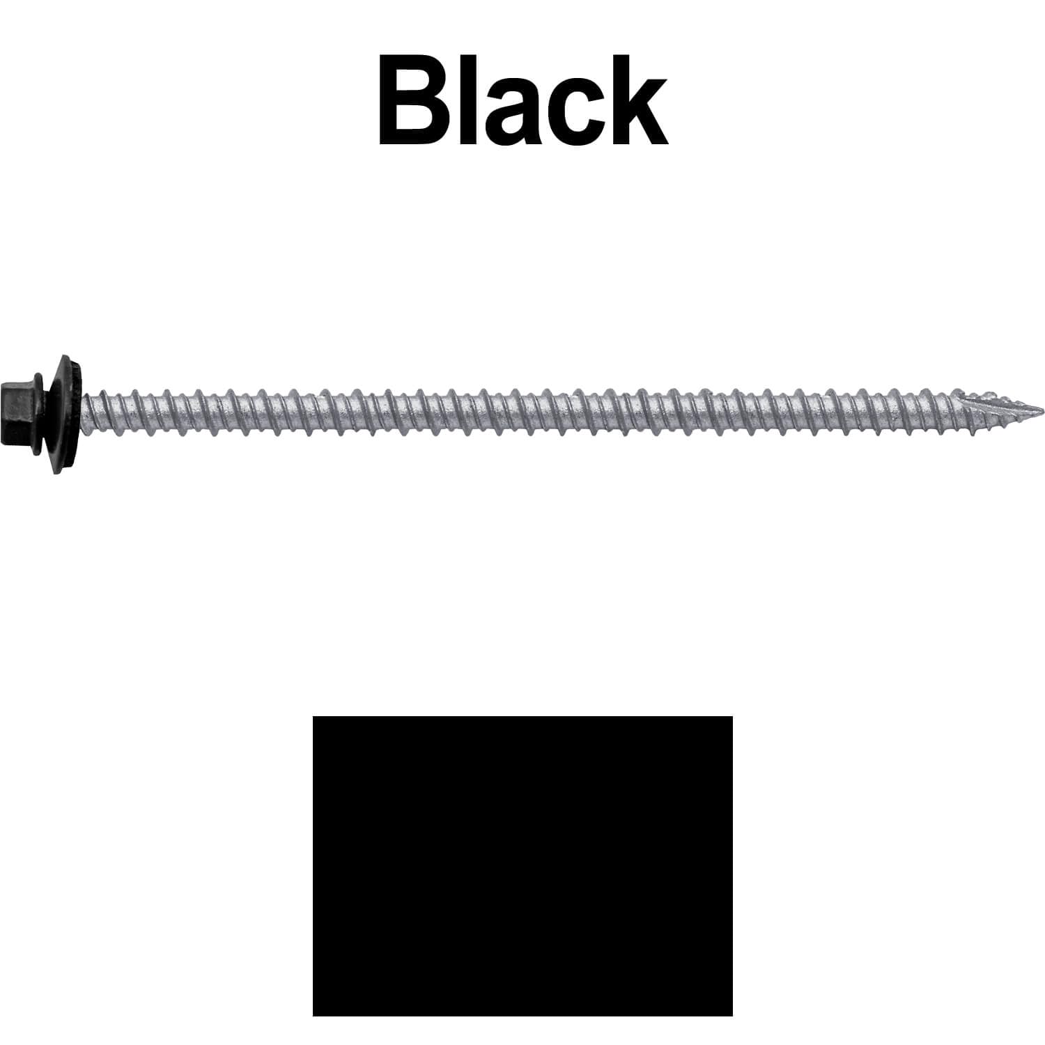 10 x 4 Black Metal Roofing Screws - Hex Washer Head- Self-Starting/Tapping - EPDM Washer. 1 x 250 Count Bag - 250 Screws