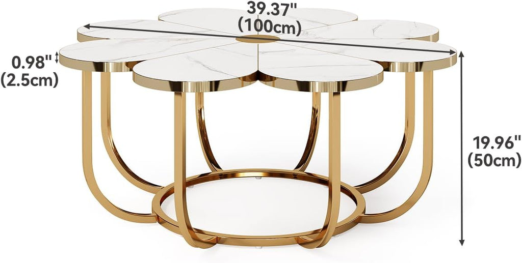 LITTLE TREE 39.37-Inch White and Gold Coffee Table, Modern Flower-Shaped Center Table with Faux Marble Top & Metal Frame, Floral Accent Coffee Table for Living Room, Bedroom, Lounge