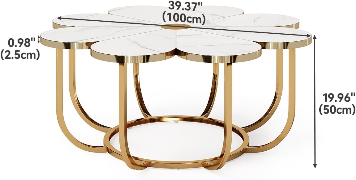 LITTLE TREE 39.37-Inch White and Gold Coffee Table, Modern Flower-Shaped Center Table with Faux Marble Top & Metal Frame, Floral Accent Coffee Table for Living Room, Bedroom, Lounge