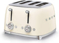 SMEG 4 Slice Toaster TSF03, Retro Stainless-Steel Toaster with Wide Slots for Bagels, 6 Browning Levels, Defrost Reheat Bagel Functions, Dual Controls, Crumb Trays, 1800W - TSF03CRUS - Cream